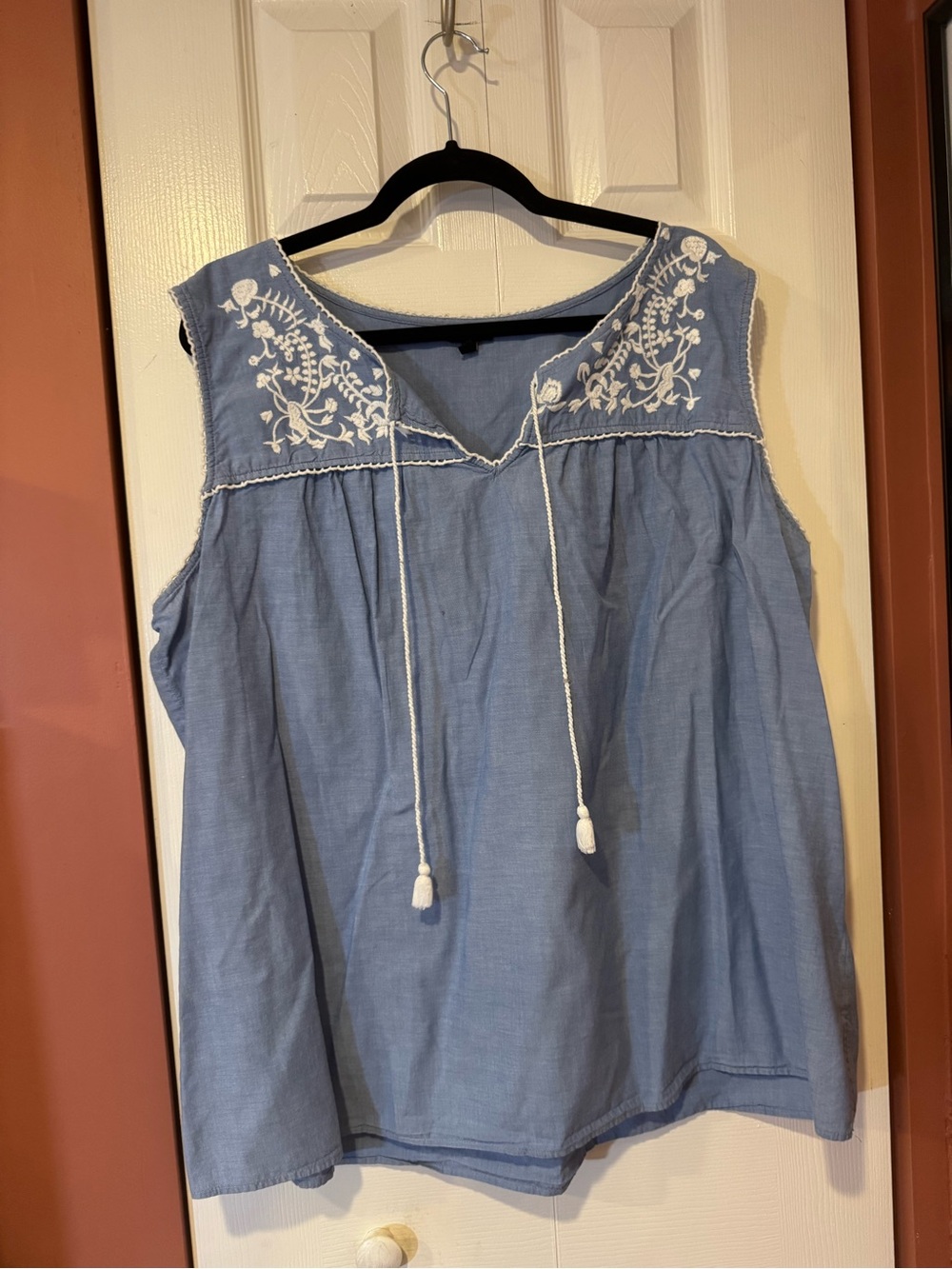 Talbots Light Blue Sleeveless Embroidered Chambray Top